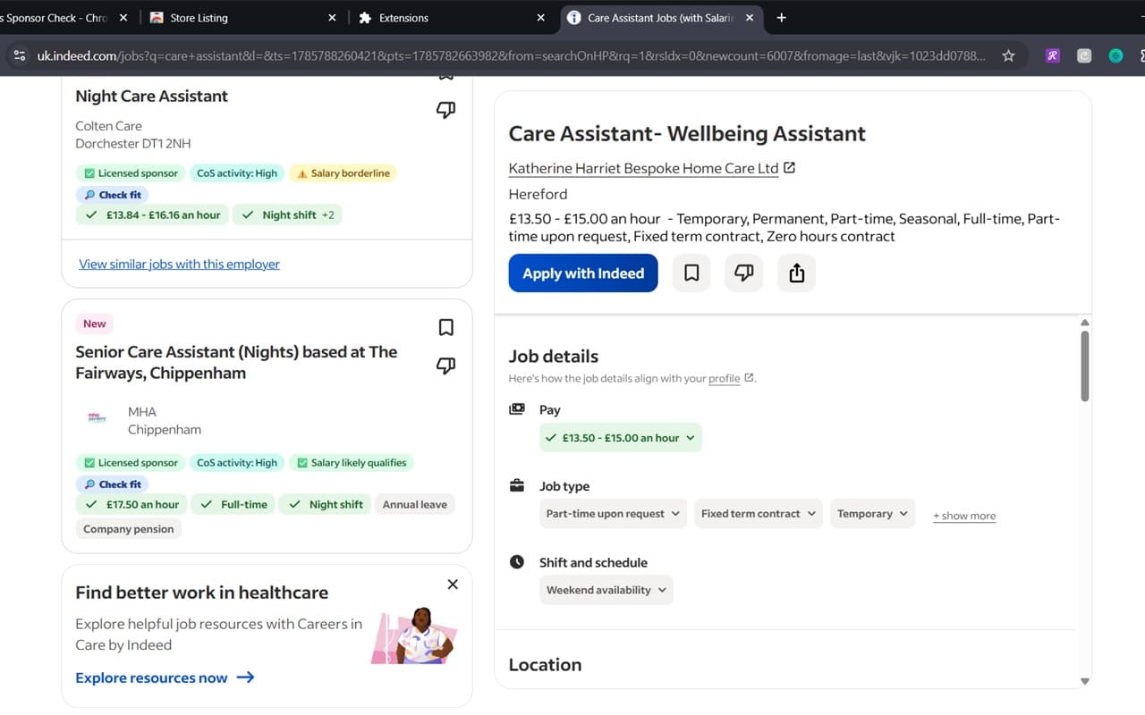 Indeed job search results labelled with Licensed sponsor, CoS activity High, Salary borderline and Salary likely qualifies badges