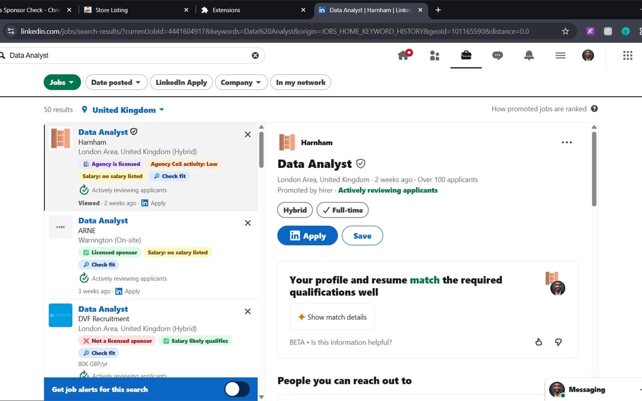 LinkedIn job search results, each listing labelled with badges such as Agency is licensed, Licensed sponsor, Not a licensed sponsor, and a Check fit button